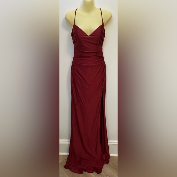 La Femme Silky Deep Red Jersey Dress with Slit - Picture 1 of 8